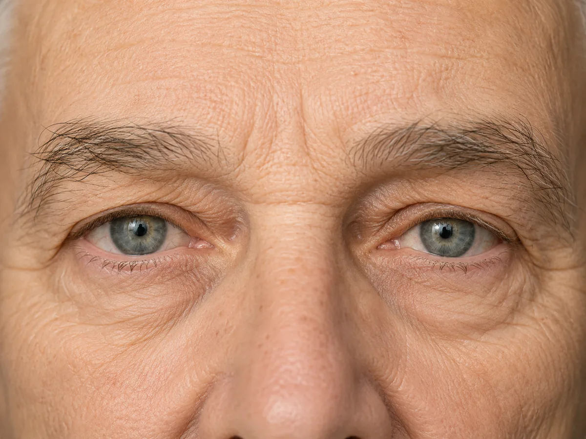 Nahaufnahme der Augen eines älteren Menschen mit wachem, klarem Blick.