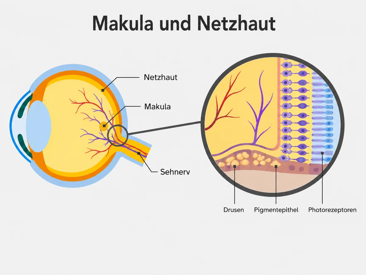 Querschnitt des Auges mit Beschriftung von Netzhaut, Makula und Sehnerv. Die Vergrößerung zeigt die Netzhautschichten mit Drusen, Pigmentepithel und Photorezeptoren.