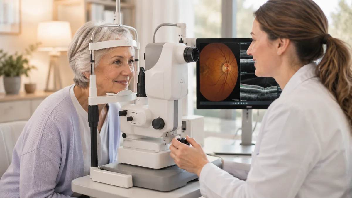 Augenärztin untersucht die Augen einer älteren Patientin an der Spaltlampe.