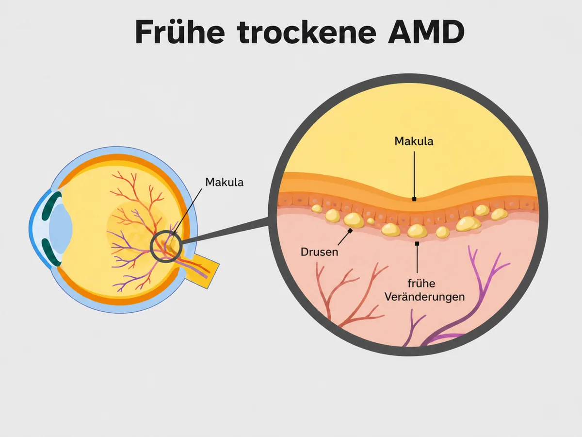 Schaubild der frühen trockenen AMD. Die Vergrößerung der Makula zeigt kleine Drusen und frühe Veränderungen unter der Netzhaut.