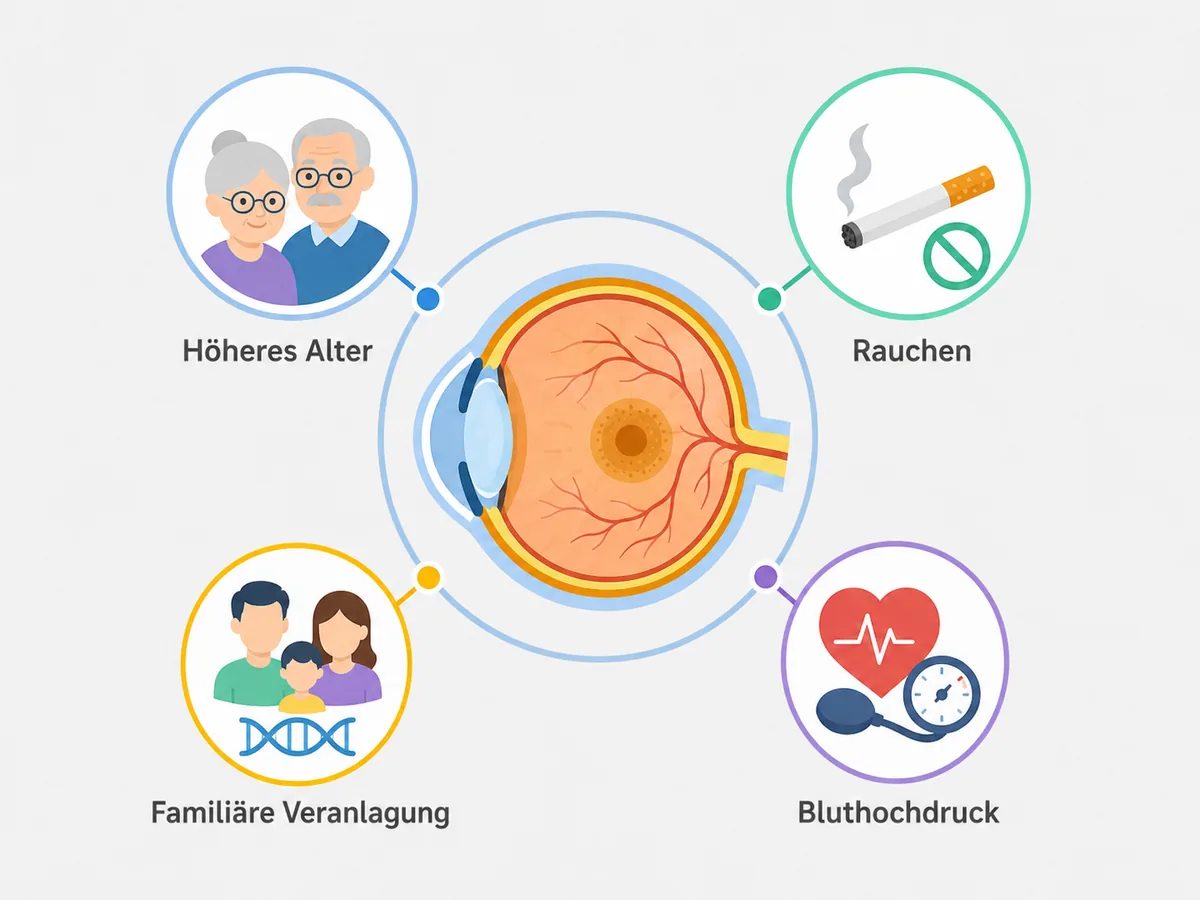 Übersicht der Risikofaktoren für die trockene AMD rund um ein Auge: höheres Alter, Rauchen, familiäre Veranlagung und Bluthochdruck.