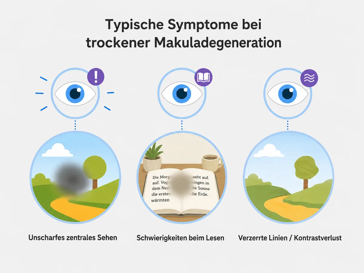 Drei Beispiele für typische Symptome der trockenen AMD: unscharfes zentrales Sehen mit einem grauen Fleck, Schwierigkeiten beim Lesen und verzerrte Linien mit Kontrastverlust.