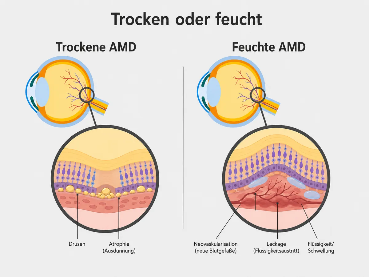 Schaubild im Vergleich: links die trockene AMD mit Drusen und Atrophie, rechts die feuchte AMD mit neuen, undichten Blutgefäßen und Flüssigkeit.